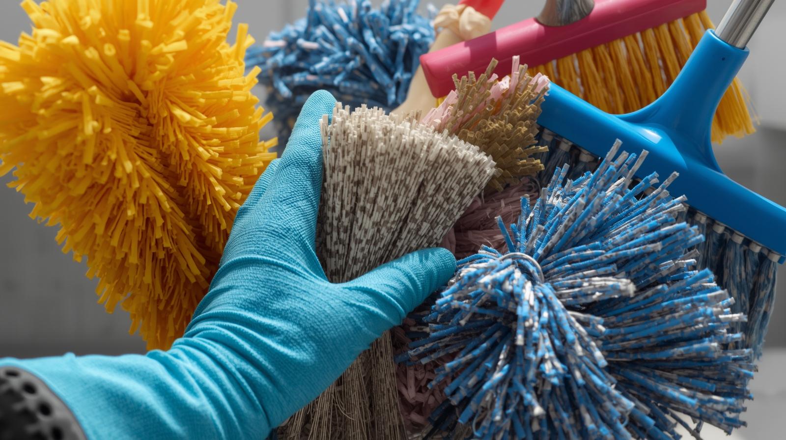 trapeadores escobas sostenidos por una mano con guante de limpieza-2